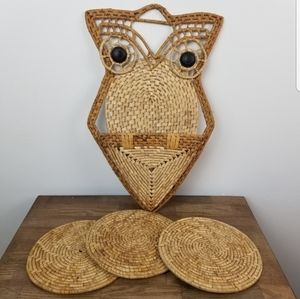 Vintage rattan owl 3 hot plate trivet holder wall hanging